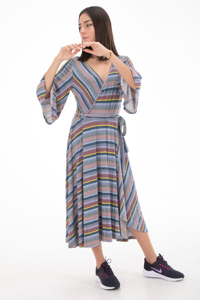 Chassca Printed Front Wrap Stripy Maxi Dress