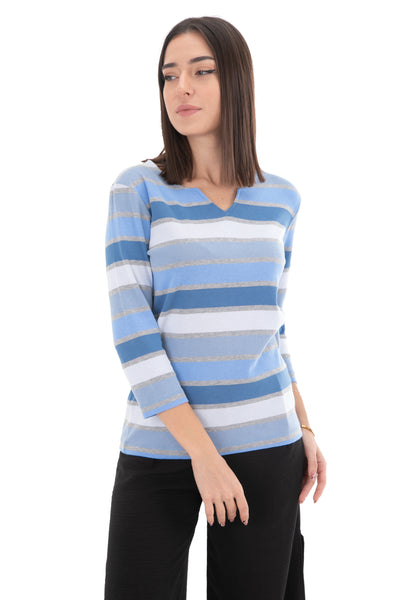 Chassca V Cut Neck 3/4 Sleeve Multi Striped T-Shirt