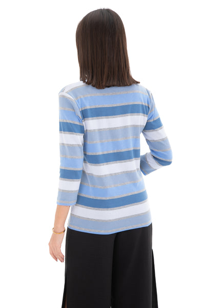 Chassca V Cut Neck 3/4 Sleeve Multi Striped T-Shirt