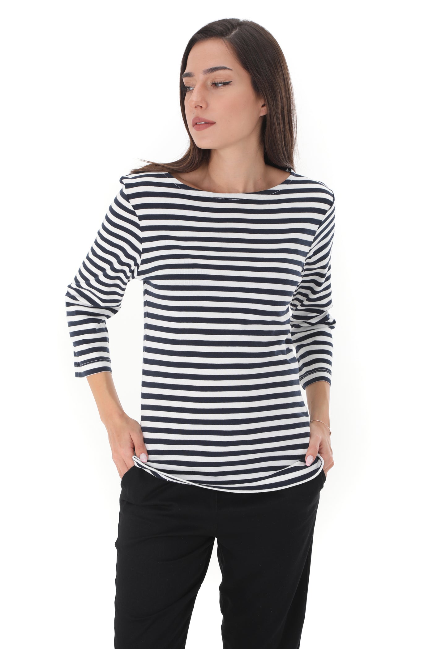 Chassca Boat Neck 3/4 Sleeve Striped T-Shirt