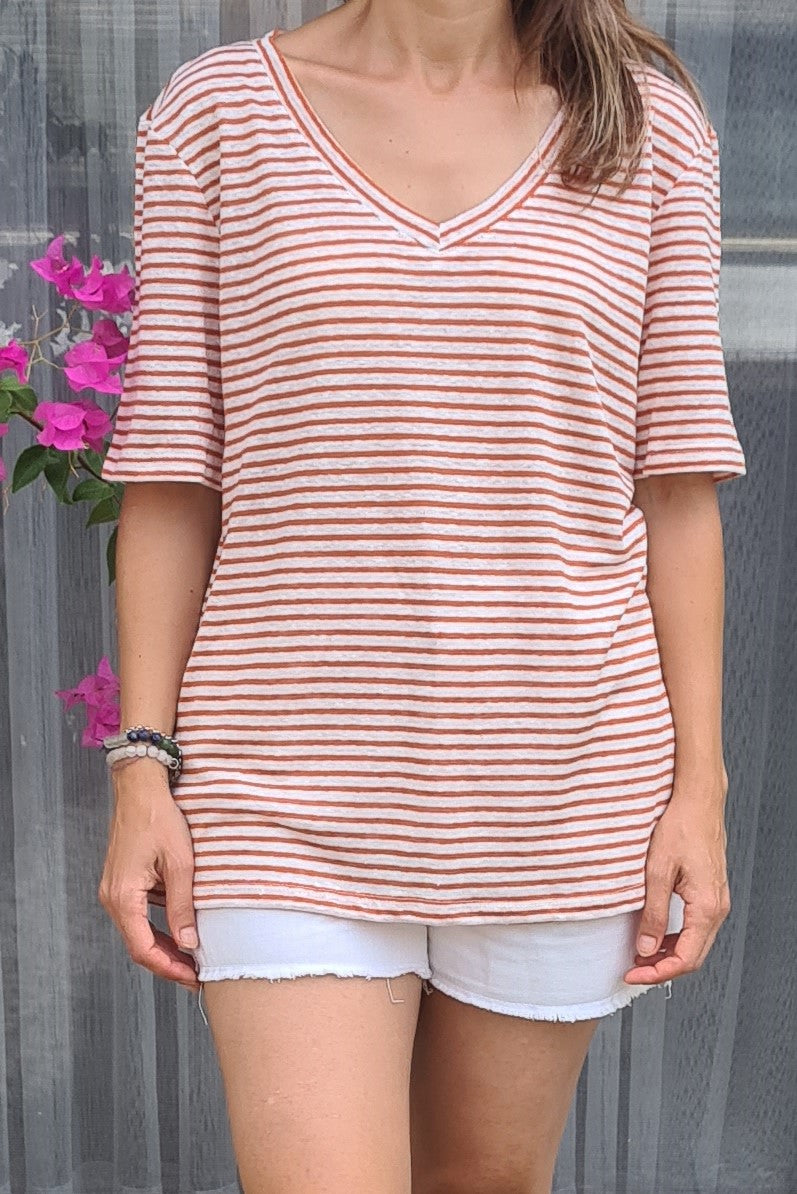 Chassca Short Sleeve Striped Linen V-Neck T-Shirt