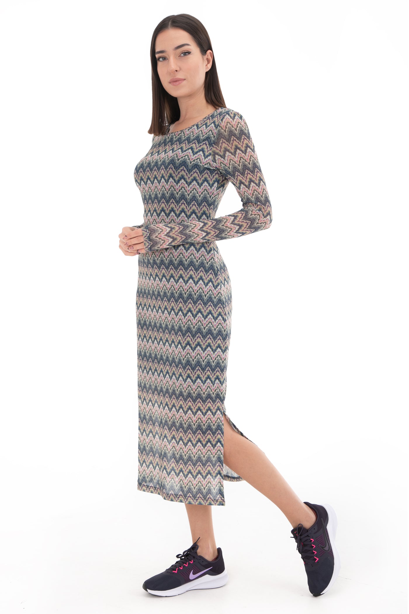 Chassca Printed Long Sleeve Recycled Polyester Mesh Dress