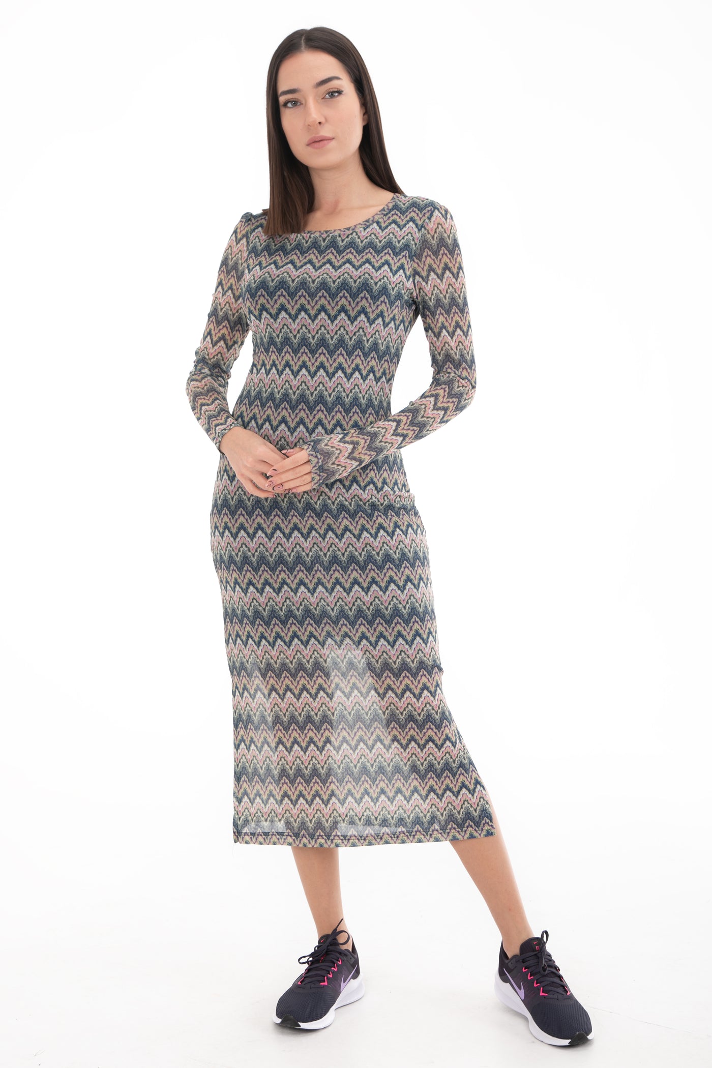 Chassca Printed Long Sleeve Recycled Polyester Mesh Dress