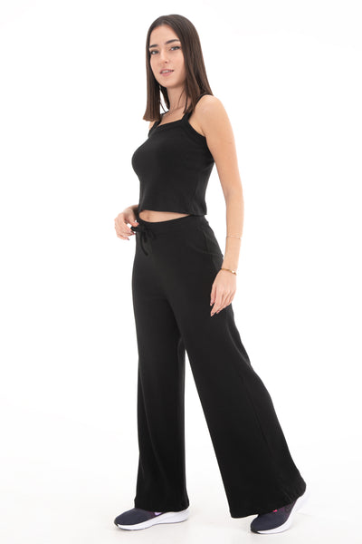 Chassca Black Rib Set With Singlet Top & Wide Leg Pant