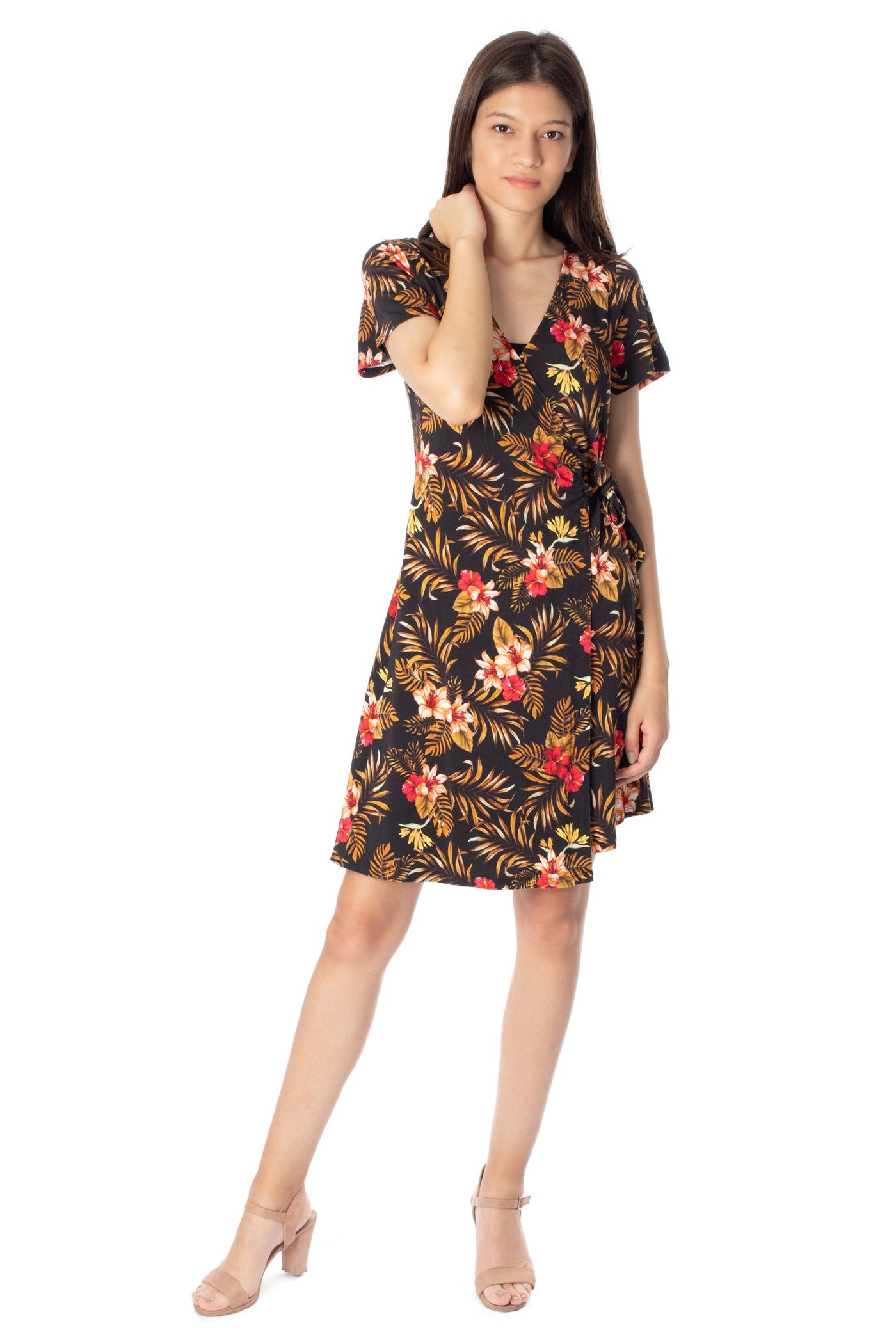 chassca floral printed short sleeve wrap front midi dress - Breakmood
