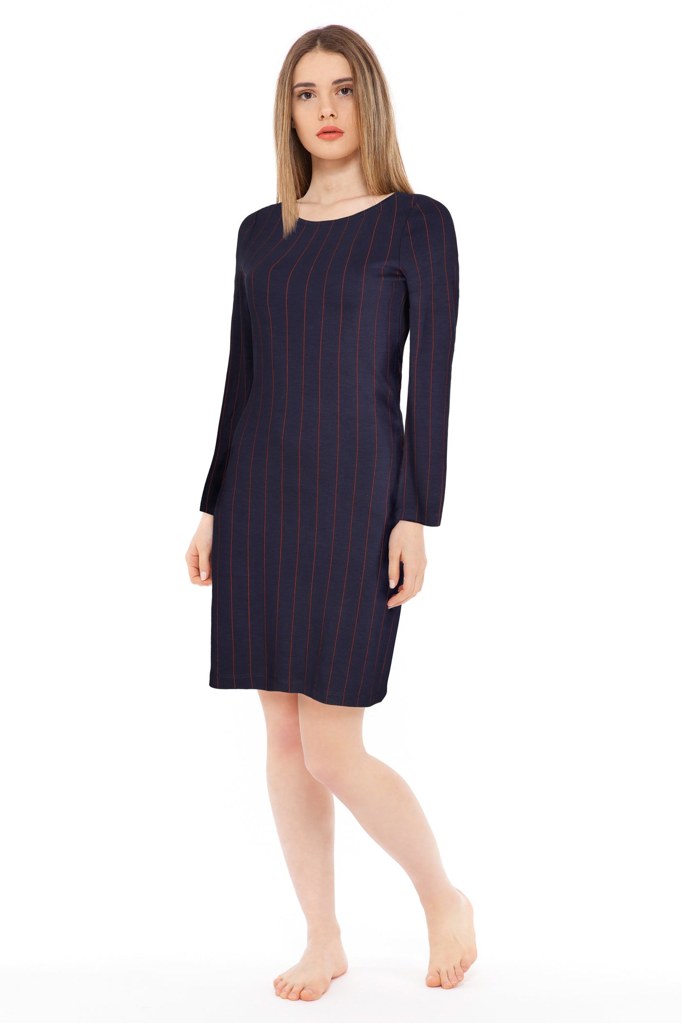 chassca red stripe A-line navy long sleeve midi dress - Breakmood