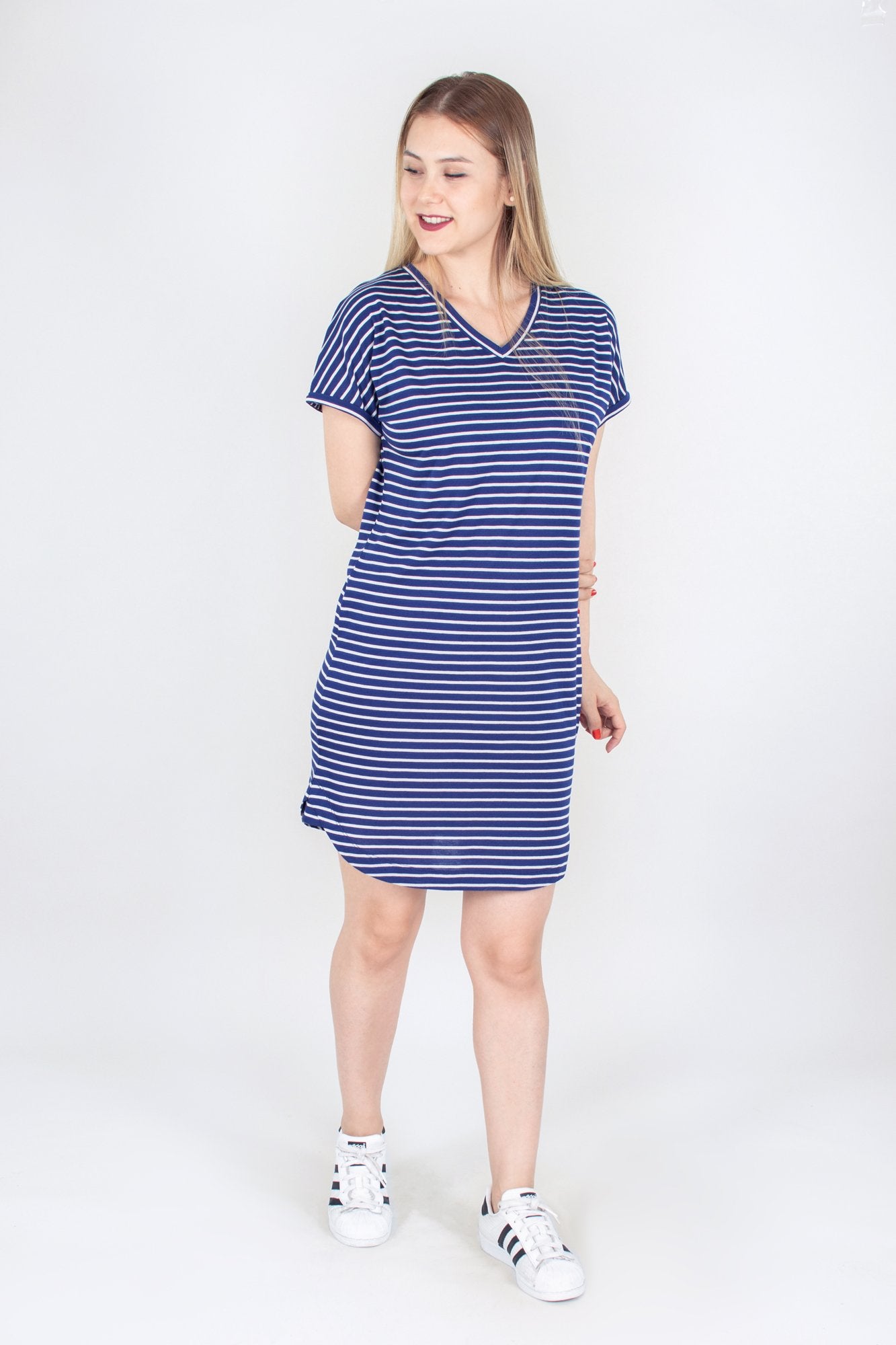 chassca v-neck short sleeve blue/navy stripe  tunic dress - Breakmood