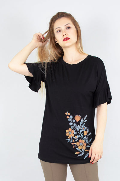 chassca boat neck frill sleeve  t-shirt with embroidery - Breakmood