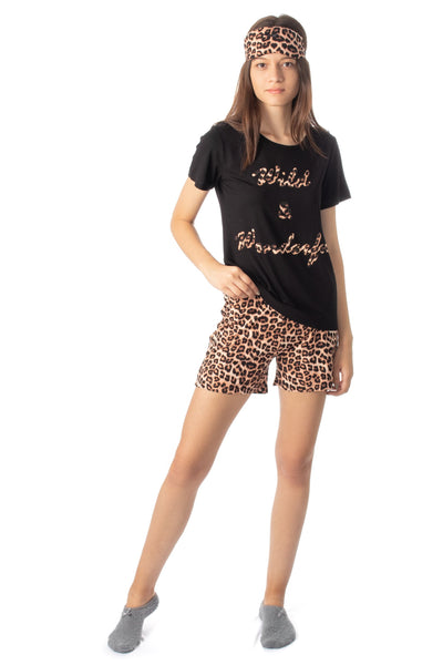 chassca leopard/black t-shirt & short pyjama set with sleep mask - Breakmood