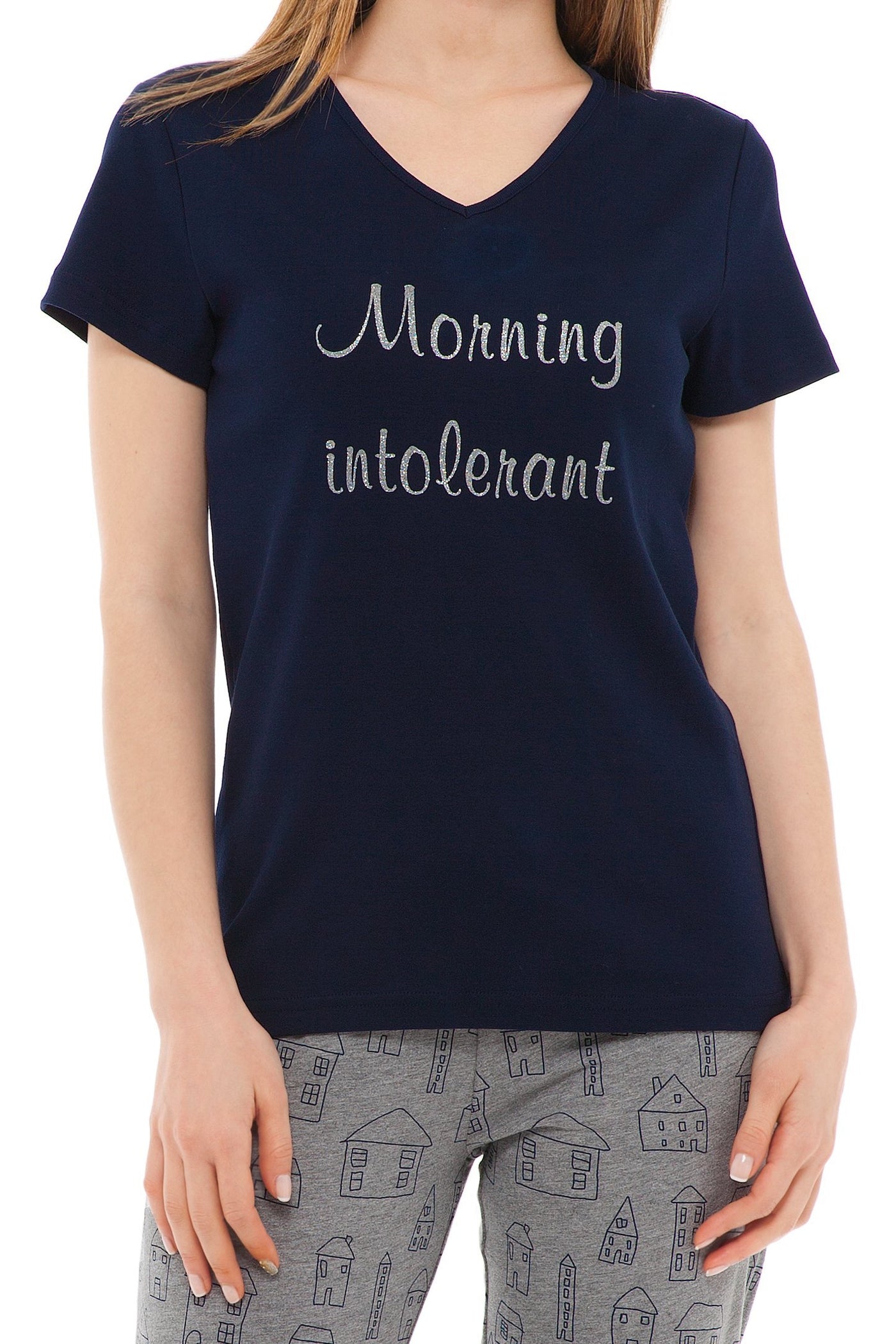chassca house print morning intolerant... v-neck tee & pant pyjama set - Breakmood