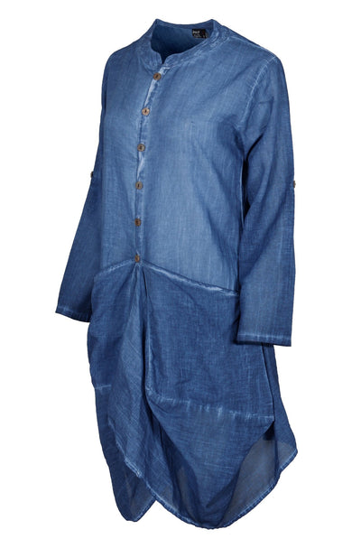 Blue Denim Effect Long Sleeve Dress With Baggy Pockets - Breakmood